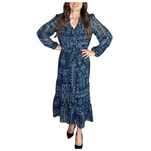 JULIA JORDAN Blue Paisley Floral Tiered Long Sleeve Midi Dress Women's Size 8
